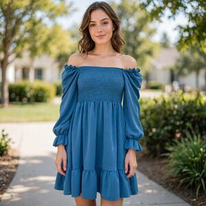LYANER Smocked Dress Square Neck Puff Sleeve Ruffle Blue Babydoll Milkmaid M